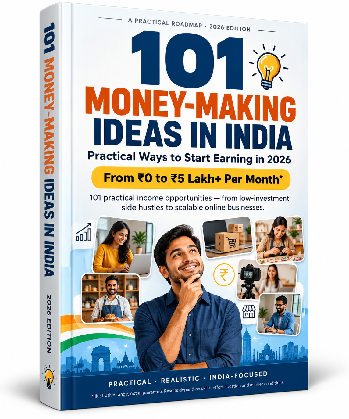 3D mockup of 101 Money-Making Ideas in India — A Practical Roadmap, 2026 Edition